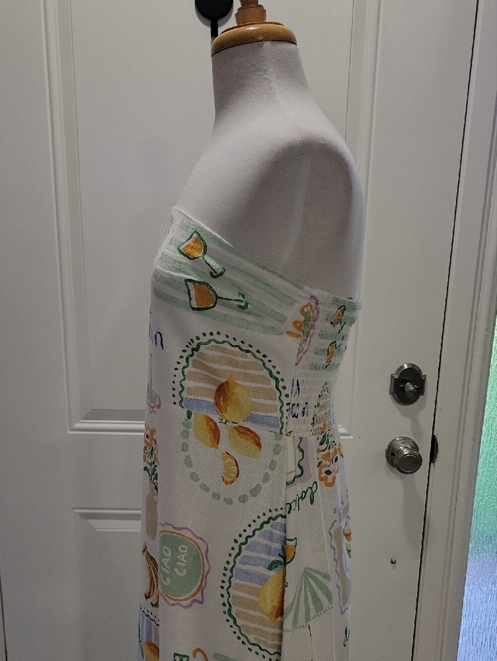 Strapless Linen Blend Pastel Print Maxi Dress - White & Yellow - Picture 4 of 10